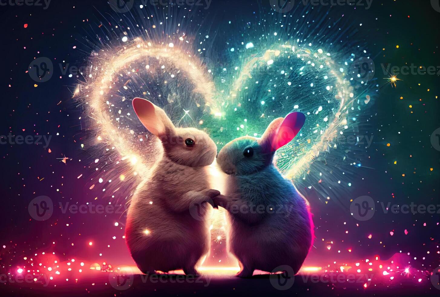 Rabbit couple with heart shape light background. Valentines day concept. photo