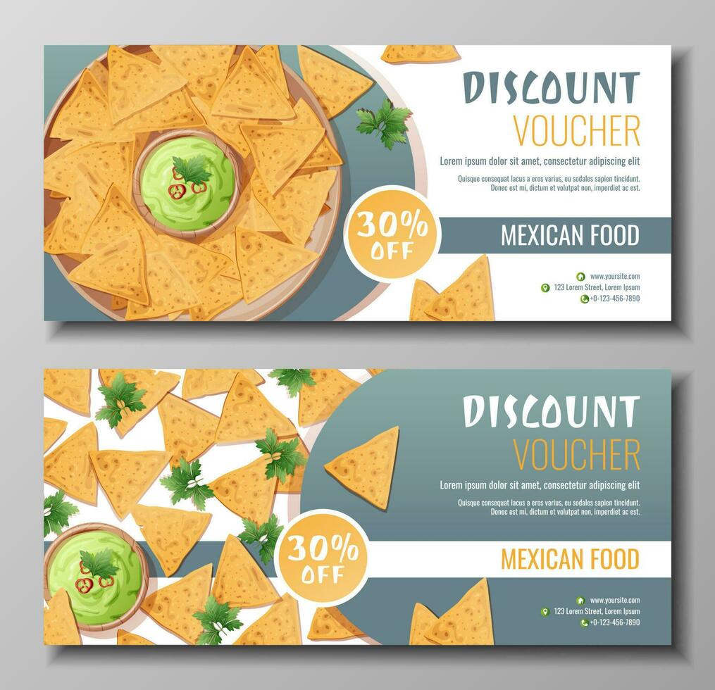 descuento vale, mexicano comida modelo diseño. cupón con nachos y guacamole salsa. bandera, póster, volantes, publicidad para un restaurante vector