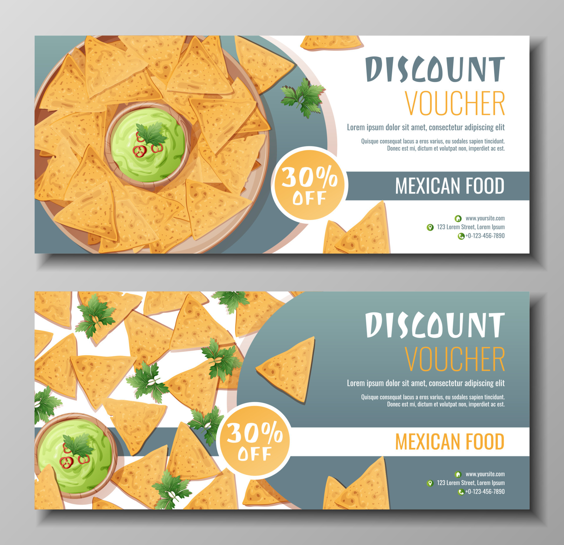 Discount voucher, mexican food template design. Coupon with nachos and