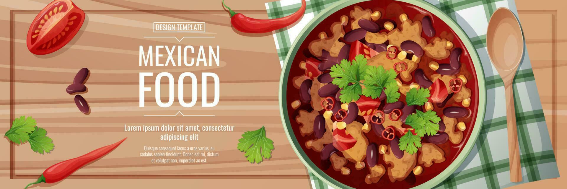 Horizontal banner with bean soup. Delicious dish with kidney beans, meat, corn, tomatoes and chili peppers.Traditional Mexican food vector