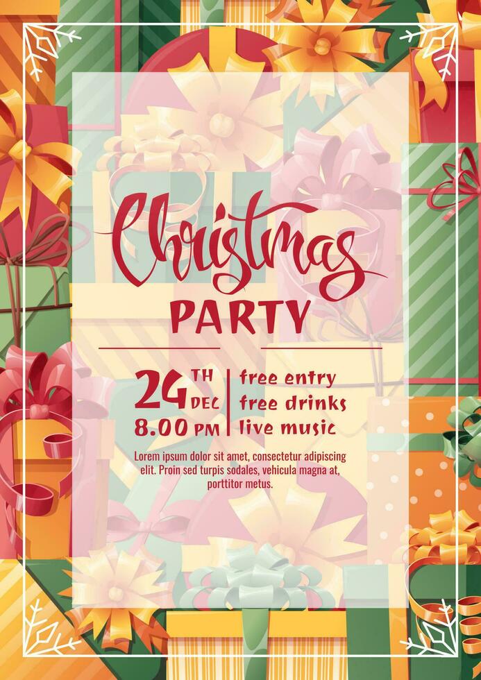 Christmas poster, invitation with gift boxes with bows. Festive Christmas background with winter decor. Vector illustration for banner, flyer, card, party invitation