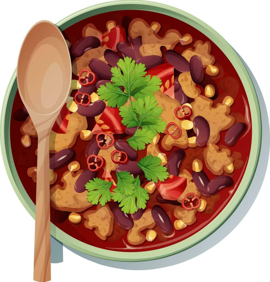 Bean soup with meat, tomatoes and peppers on a white background. Traditional Mexican food.Delicious and appetizing dish. vector