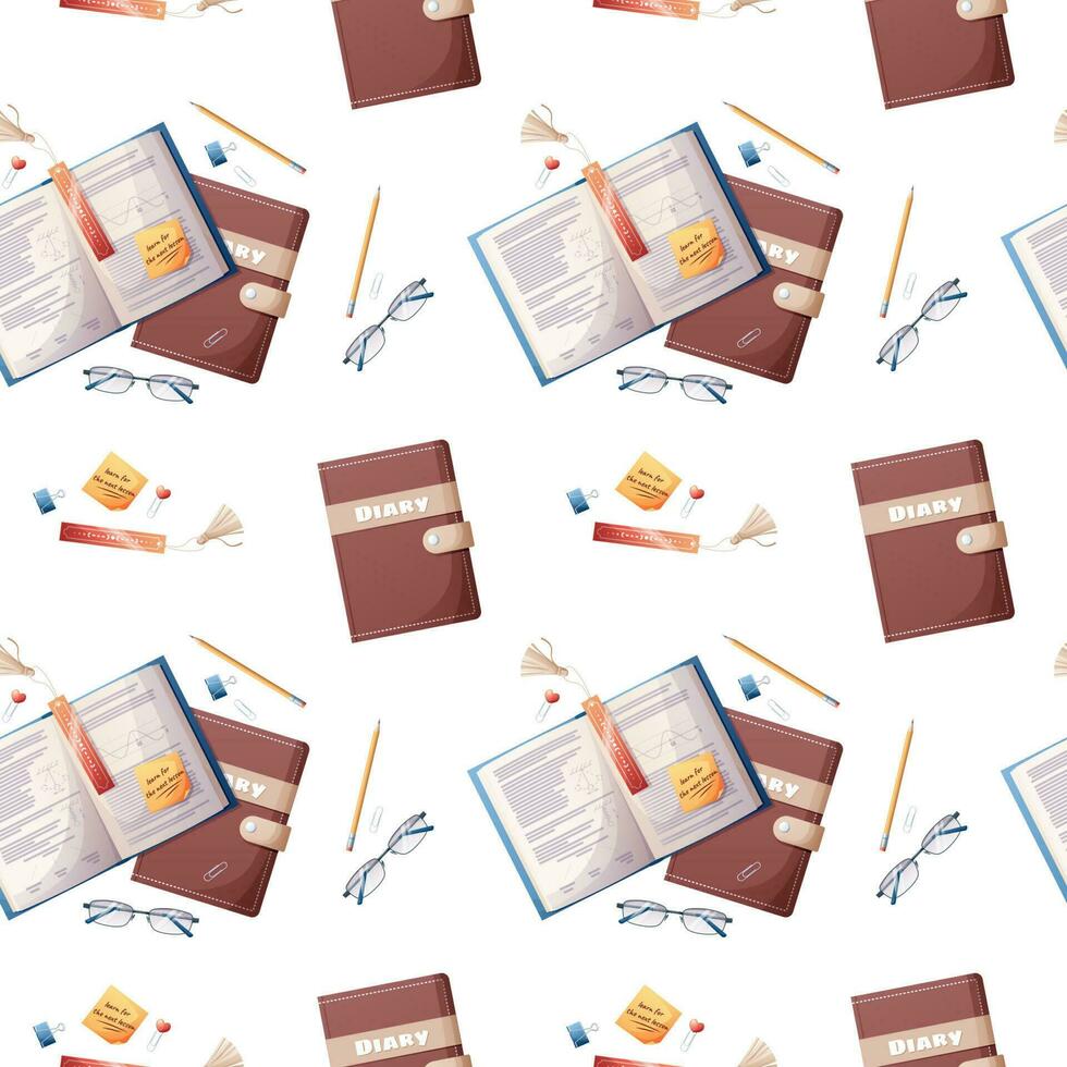 Seamless pattern with textbooks and stationery on a white background. The texture is great for paper, wallpaper, textiles. school theme, back to school, study vector