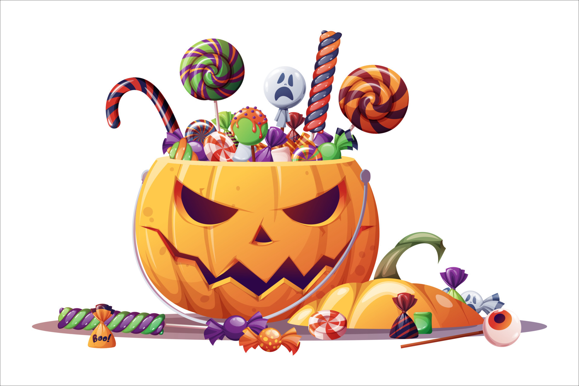 Halloween pumpkin with candies. Pumpkin trick or treat bag. Halloween