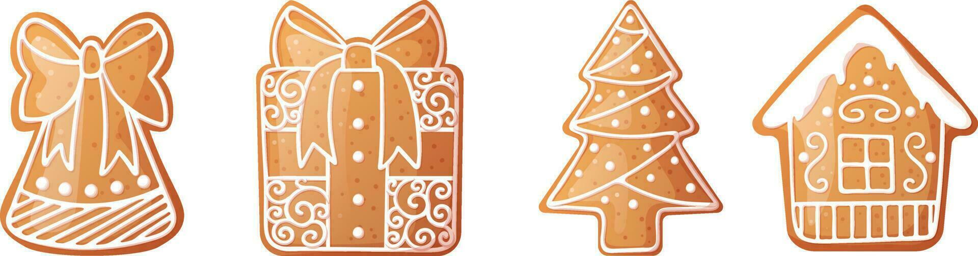 Navidad pan de jengibre colocar. un casa, un Navidad árbol, un campana, un regalo con hermosa patrones de dulce Formación de hielo. fiesta galletas en un aislado antecedentes. vector icono