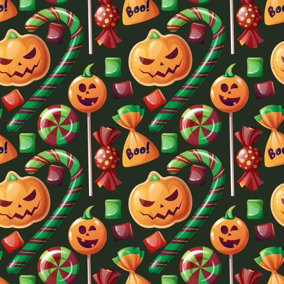 Seamless pattern with Halloween sweets on a dark background. Cookies in the form of pumpkin, candy, lollipop, marshmallow. Trick or treat. Festive texture great for wrapping paper, wallpaper, fabric,. vector