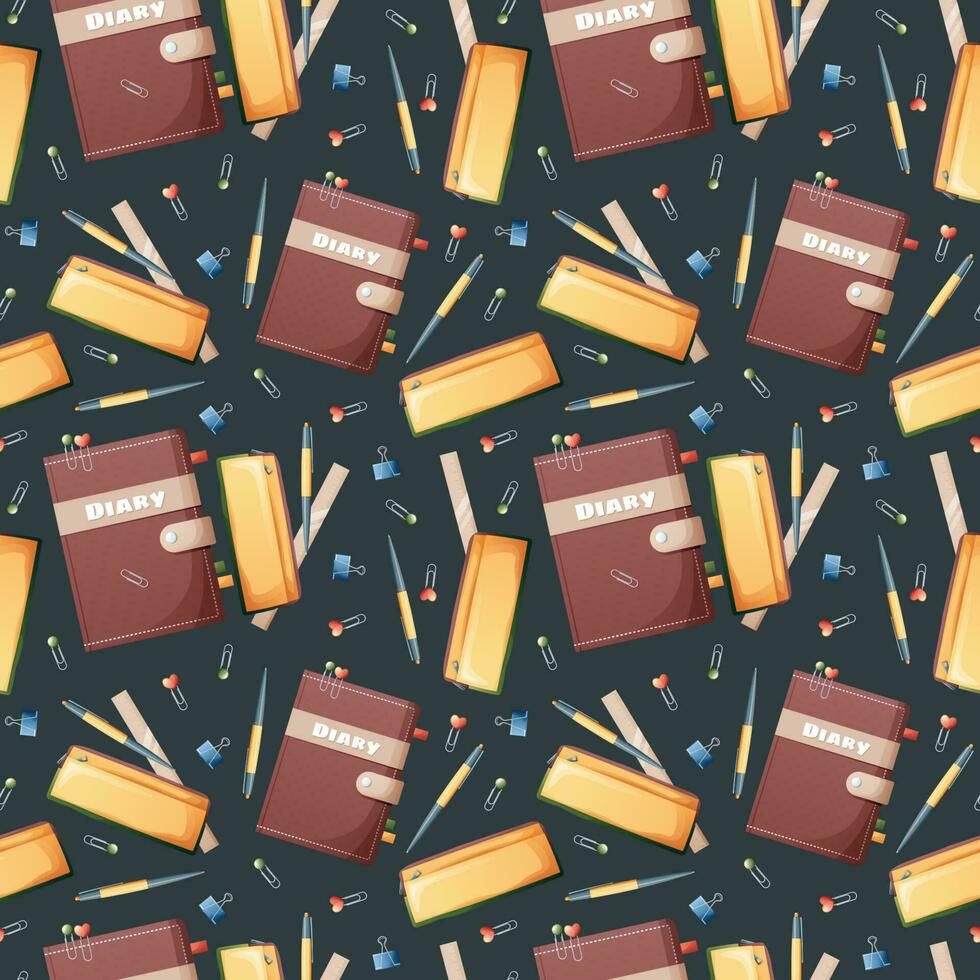 Seamless pattern with diary, pencil case, paper clips, pen, pencils on a dark background. Back to school, knowledge day. Suitable for textiles, paper, wallpapers, etc. vector