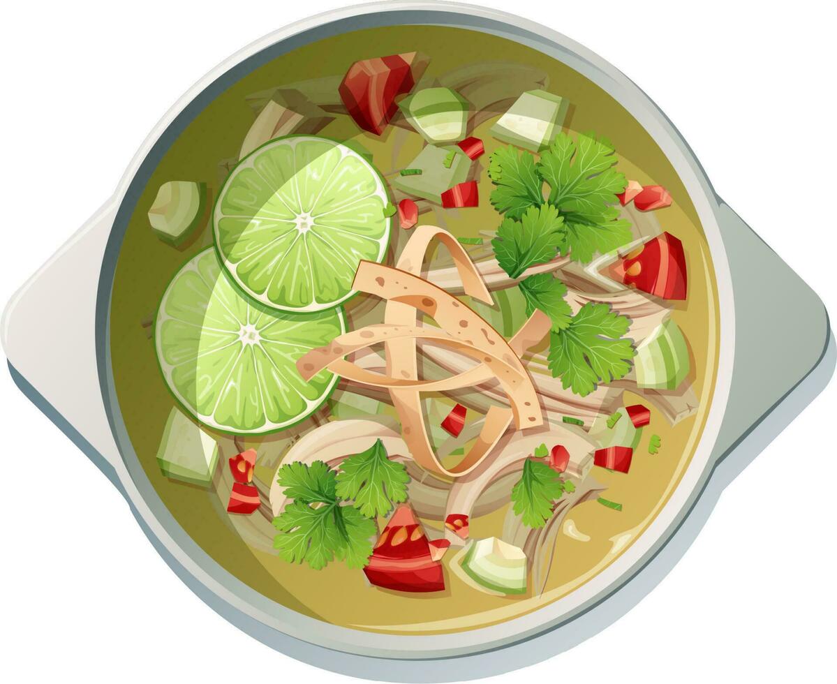 Lime soup with chicken, avocado, tomato, tortilla on a white background. Traditional Mexican food.Delicious and appetizing dish. vector