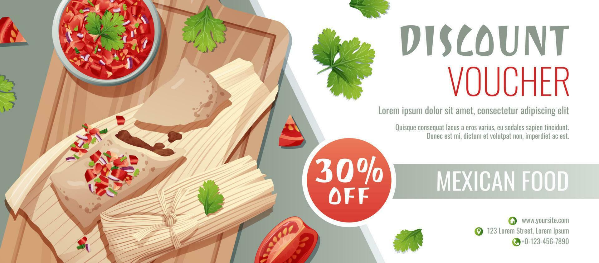 Discount voucher, mexican food template design. Coupon with tamales and