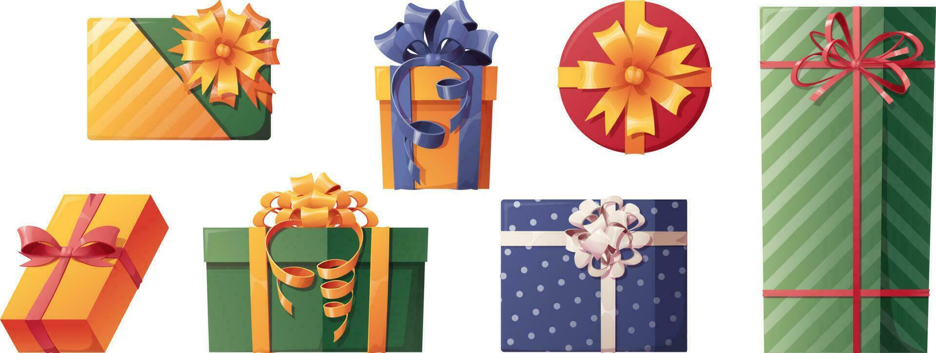 conjunto de regalos coloridos decorados con lazos de raso. decoración navideña iconos, pegatinas, ilustraciones de cajas navideñas vector
