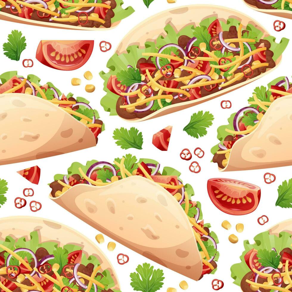 Seamless pattern with tacos. Texture with traditional mexican food. Great for wallpapers, menu decor, restaurants. vector