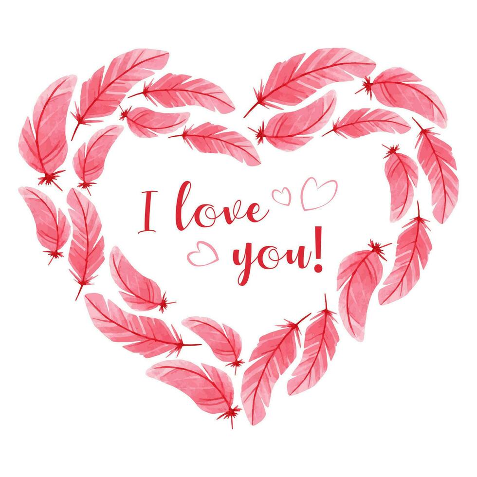 Heart made of pink feathers with the inscription. Valentine s day card. vector