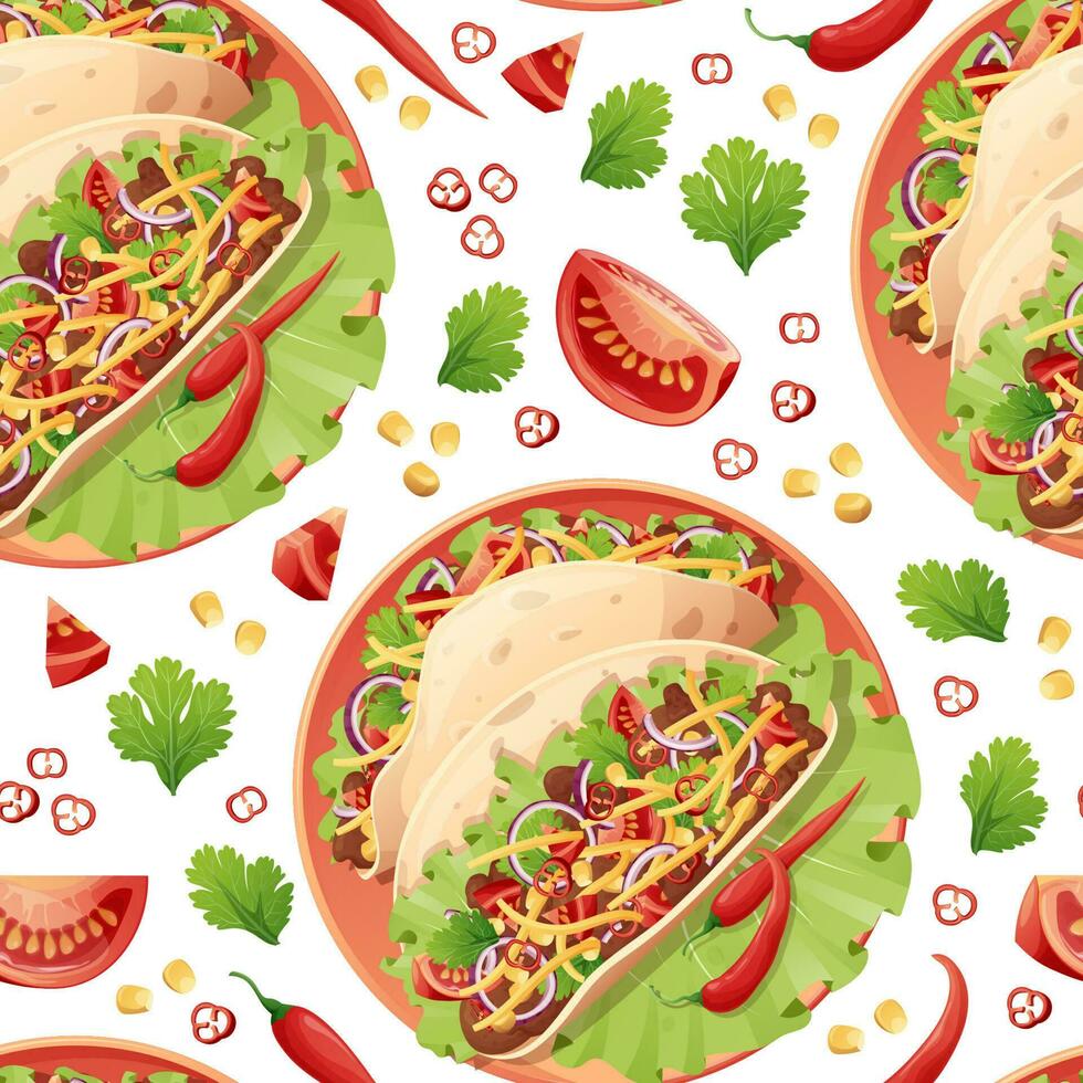 Seamless pattern with tacos. Texture with traditional mexican food. Great for wallpapers, menu decor, restaurants vector