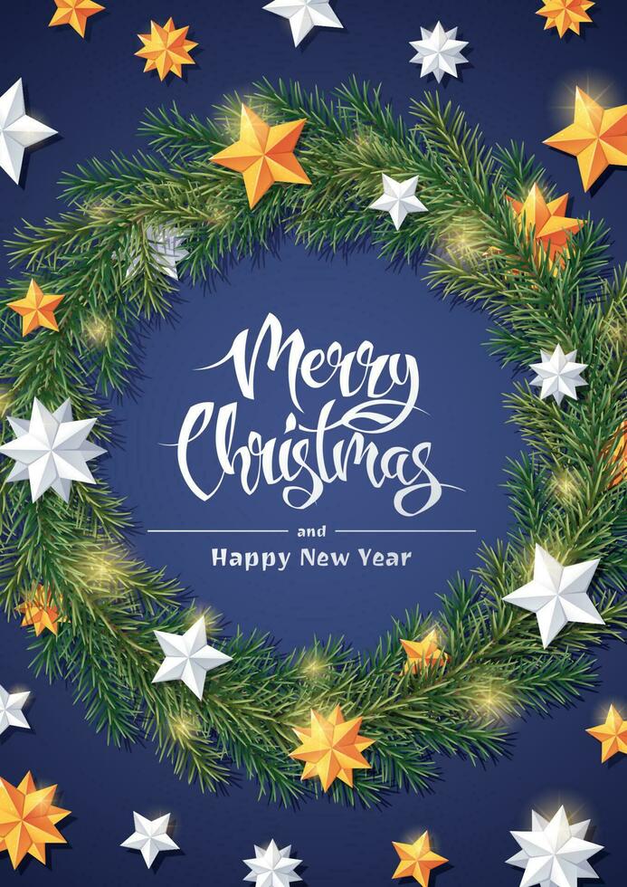 Christmas card with a wreath of fir branches decorated with gold and white stars. Festive poster, banner, flyer with a beautiful New Year s decor on a blue background. vector