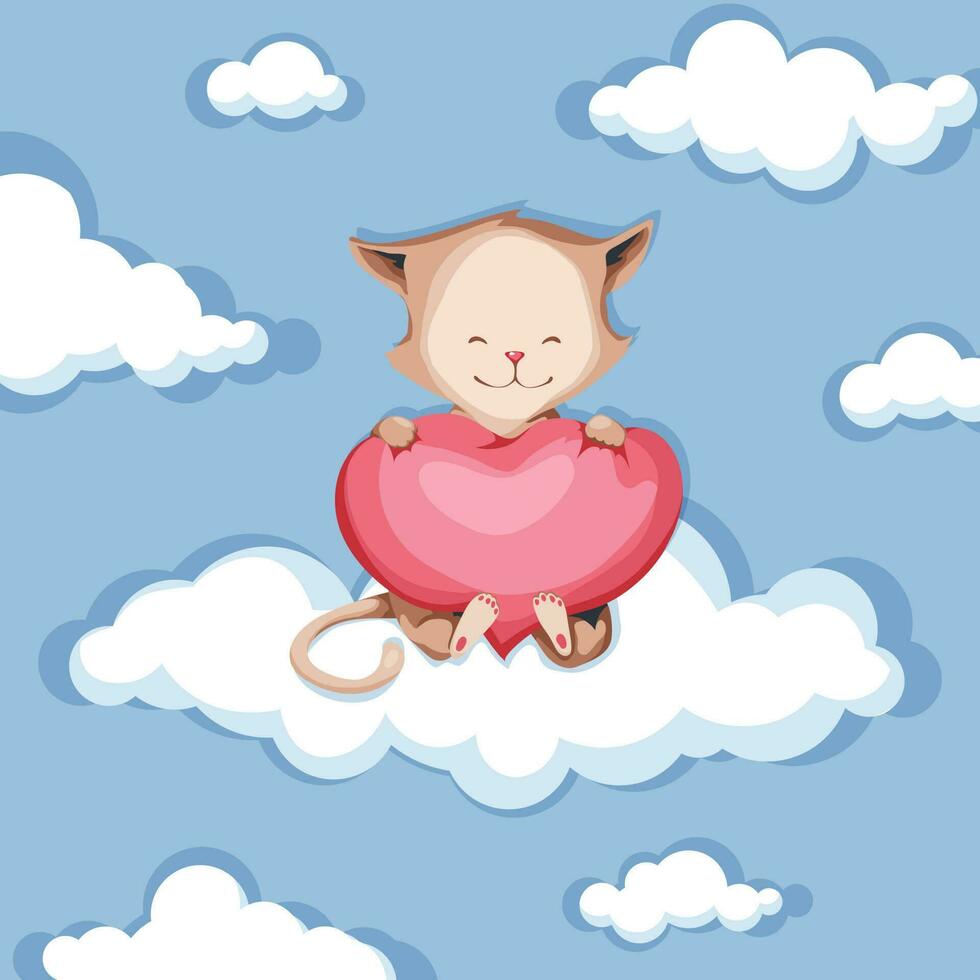 Cat on a cloud with a heart. Great for baby cards, posters, etc. vector