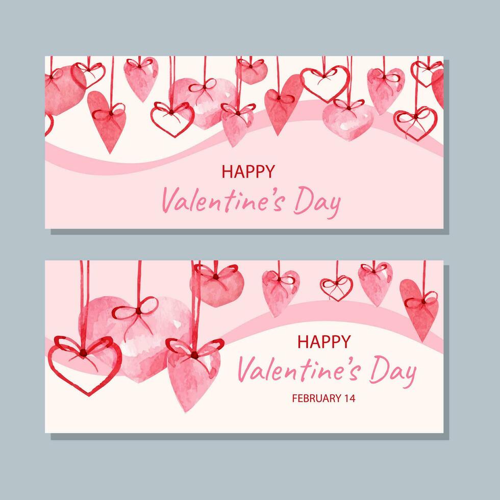 Hand-drawn horizontal valentine s day banner with colorful hearts. Flat design. Great for postcards, posters, flyers, banners. vector