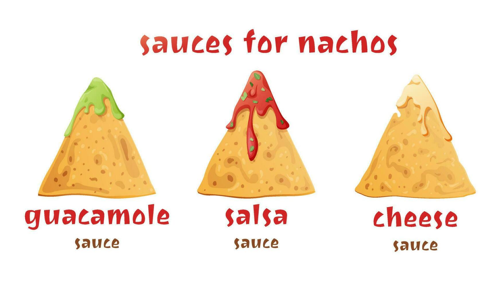 popular salsas para nachos, guacamole, salsa, queso salsa.mexicana nacional alimento. crujiente maíz papas fritas. vector ilustración aislado antecedentes