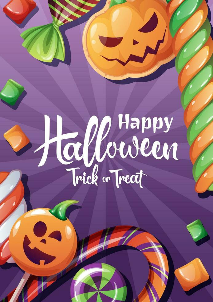 Vector card with Halloween sweets or poster for the holiday with handwritten coligraphy. Party invitation, trick or treat.