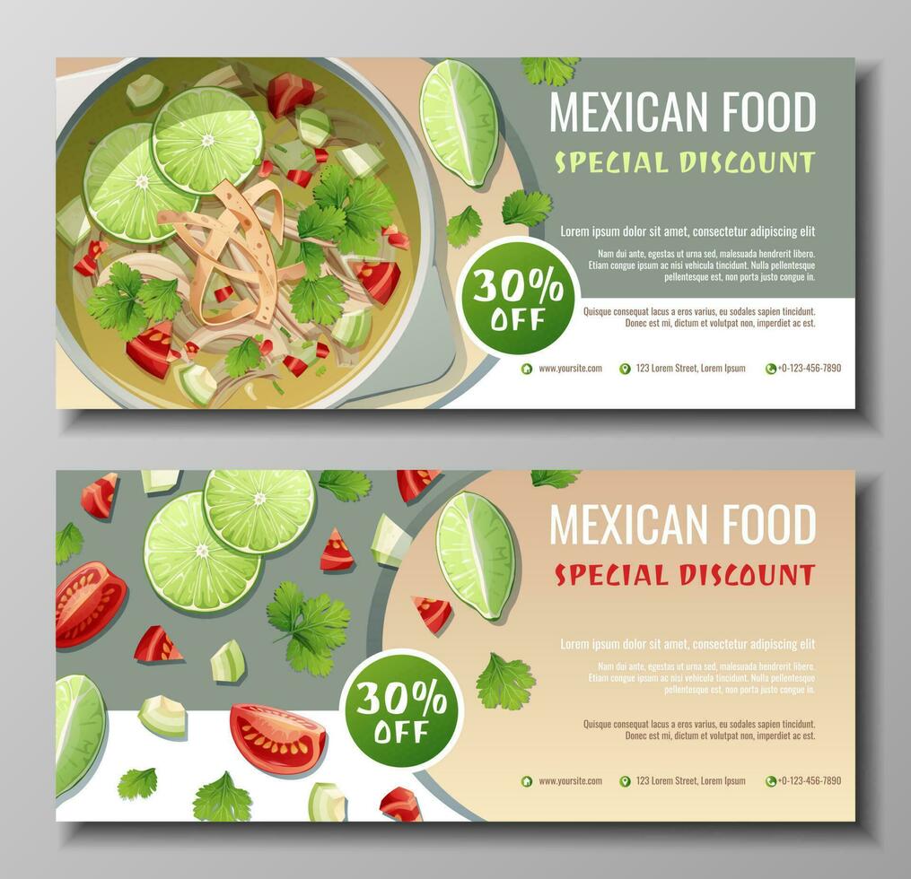 descuento vale, mexicano comida modelo diseño. cupón conjunto con Lima sopa y Tomates. bandera, póster, volantes, publicidad para un restaurante vector