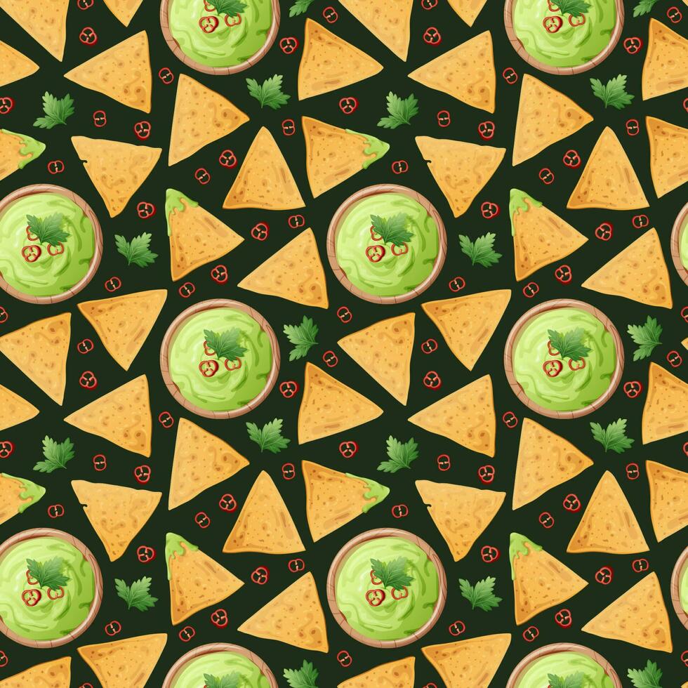 Seamless pattern with nachos on a white background. Traditional Mexican food. Corn chips with guacamole sauce. Vector background for wrapping paper, fabric, wallpaper. Latin American food