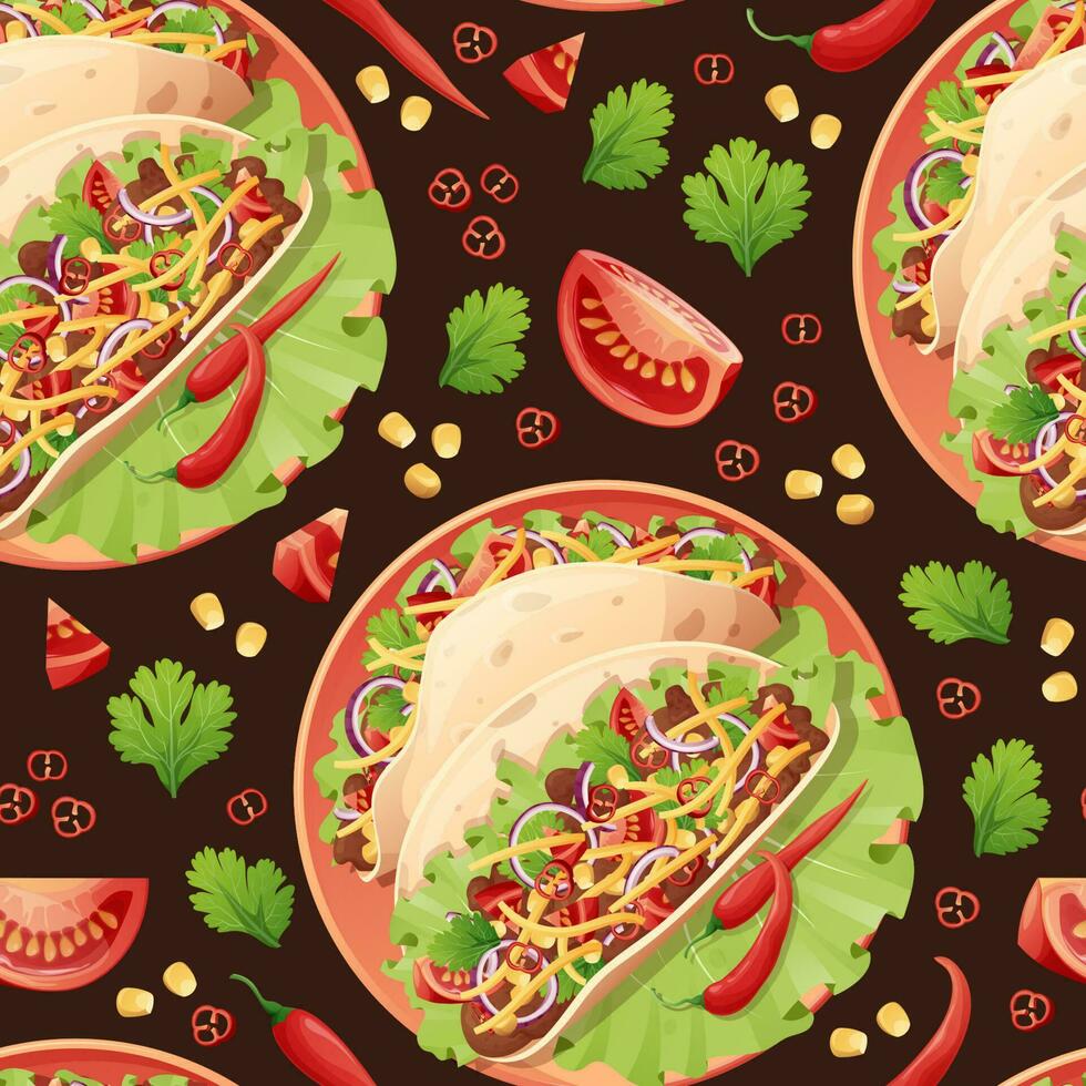 Seamless pattern with tacos. Texture with traditional mexican food. Great for wallpapers, menu decor, restaurants vector