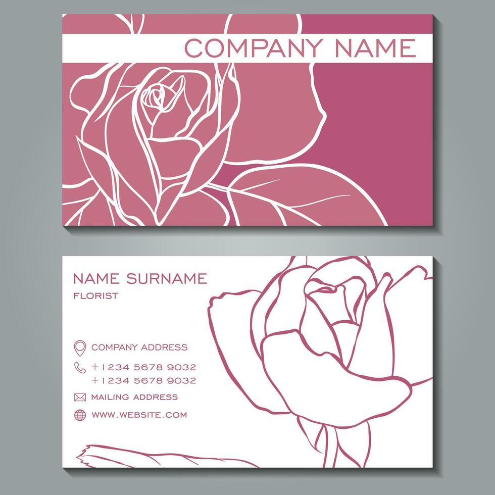 Business card template. Floral pattern on a lilac background. Line art roses. Vector design editable