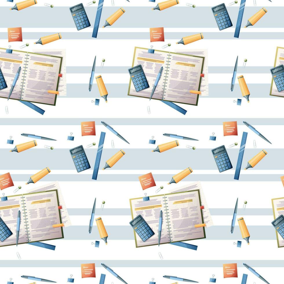 Seamless pattern with textbooks and school supplies on a striped background. The texture is great for paper, wallpaper, textiles. school theme, back to school, study vector
