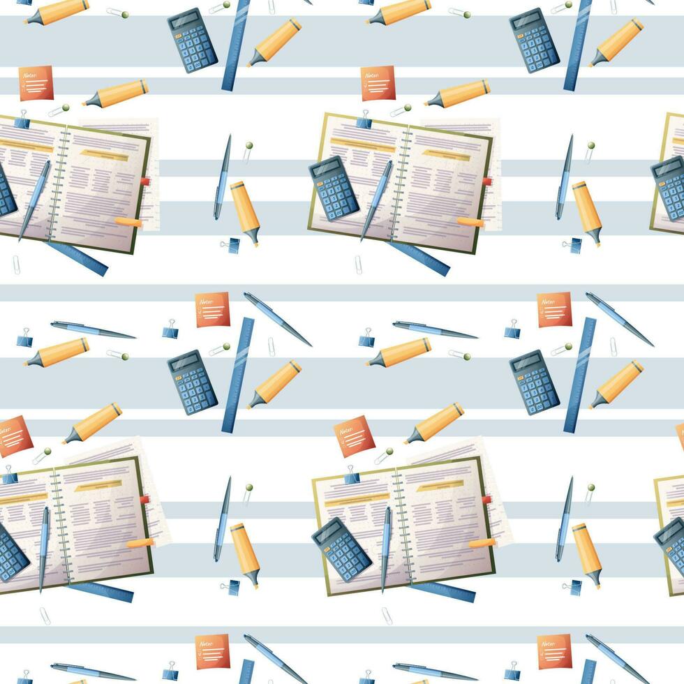 Seamless pattern with textbooks and school supplies on a striped background. The texture is great for paper, wallpaper, textiles. school theme, back to school, study vector