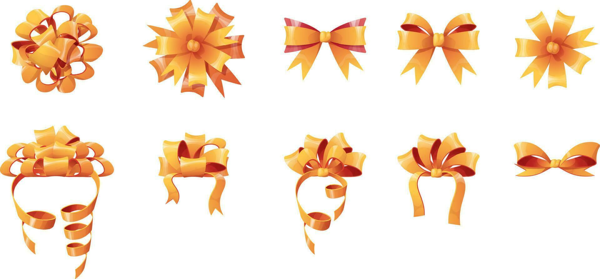 Set of golden bows for decorating boxes, gifts on an isolated background. Christmas and New Year decor. Festive mood. Vector cartoon illustration