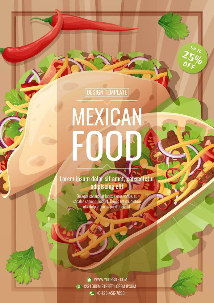 Mexican food flyer template. Tacos with minced meat, vegetables, chili and cheese. Vector illustration of traditional mexican food. Discount poster, banner flyer for cafe and restaurant