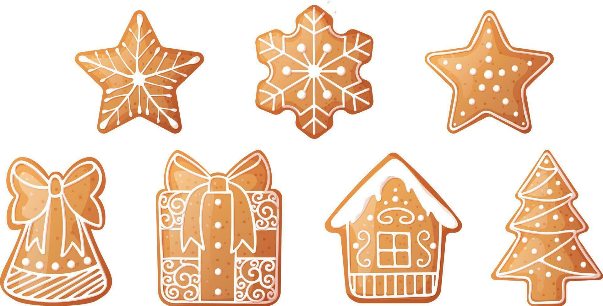 Christmas gingerbread set snowflakes, house, gift, bell, Christmas tree. Vector illustration of holiday cookies