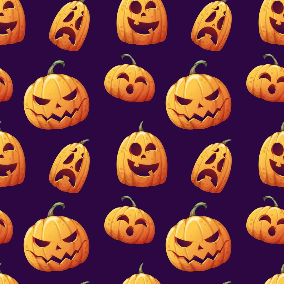 Seamless pattern with pumpkins on a dark background. Cartoon vector background. Halloween symbol.