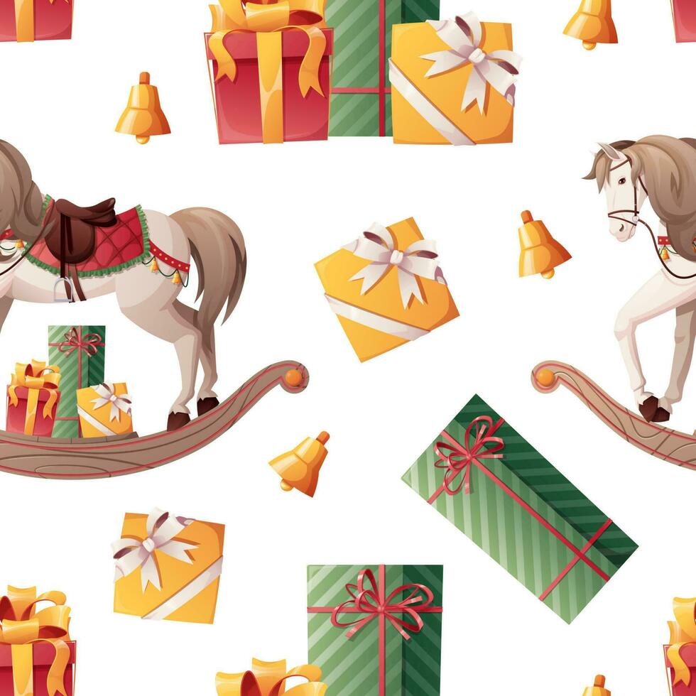 sin costura modelo con balanceo caballo y regalos. Navidad envase papel para regalos, fondos de pantalla, textiles. nuevo año s decoración. vector