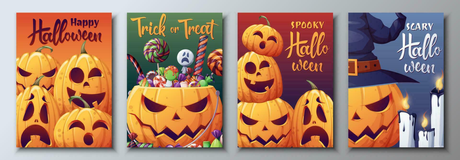 conjunto de vector tarjetas con calabazas y inscripciones para ilustración.de.halloween adecuado para carteles, pancartas para el día festivo. contento Víspera de Todos los Santos