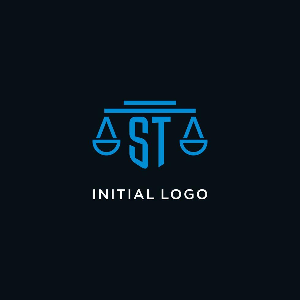 ST monogram initial logo with scales of justice icon design inspiration vector