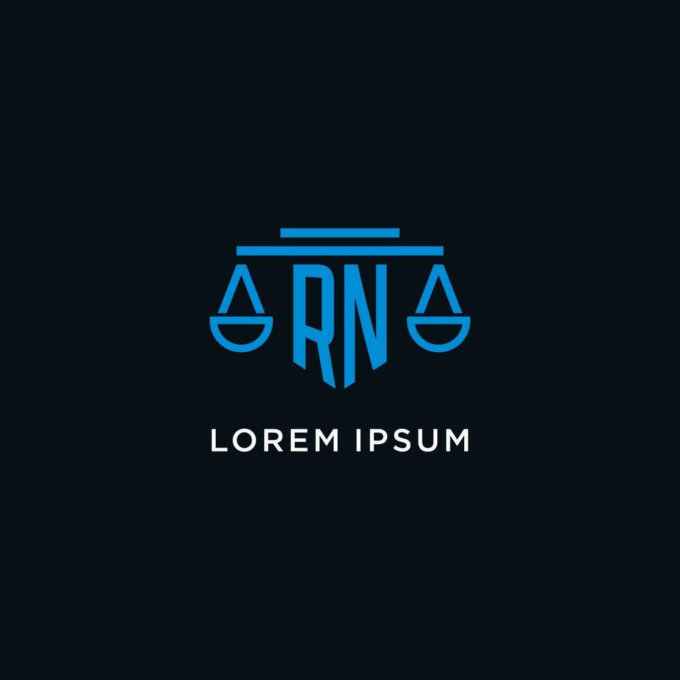 RN monogram initial logo with scales of justice icon design inspiration vector