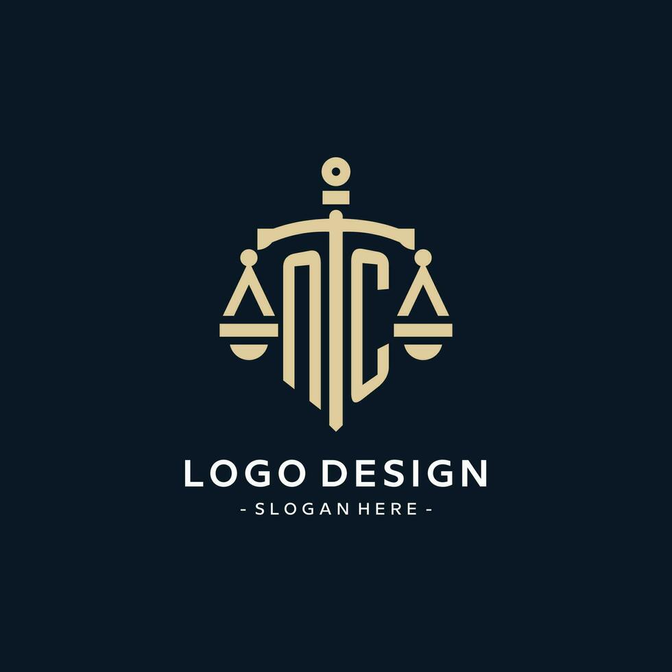 NC initial logo with scale of justice and shield icon vector