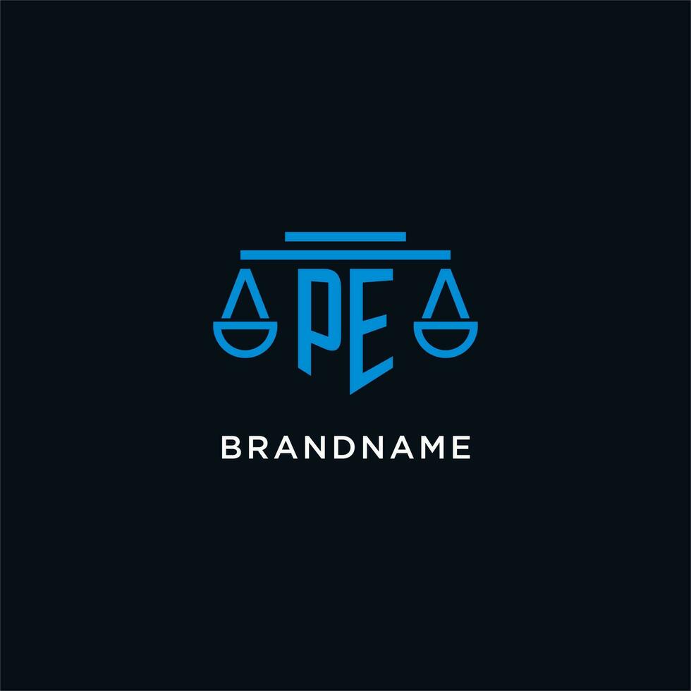 PE monogram initial logo with scales of justice icon design inspiration vector