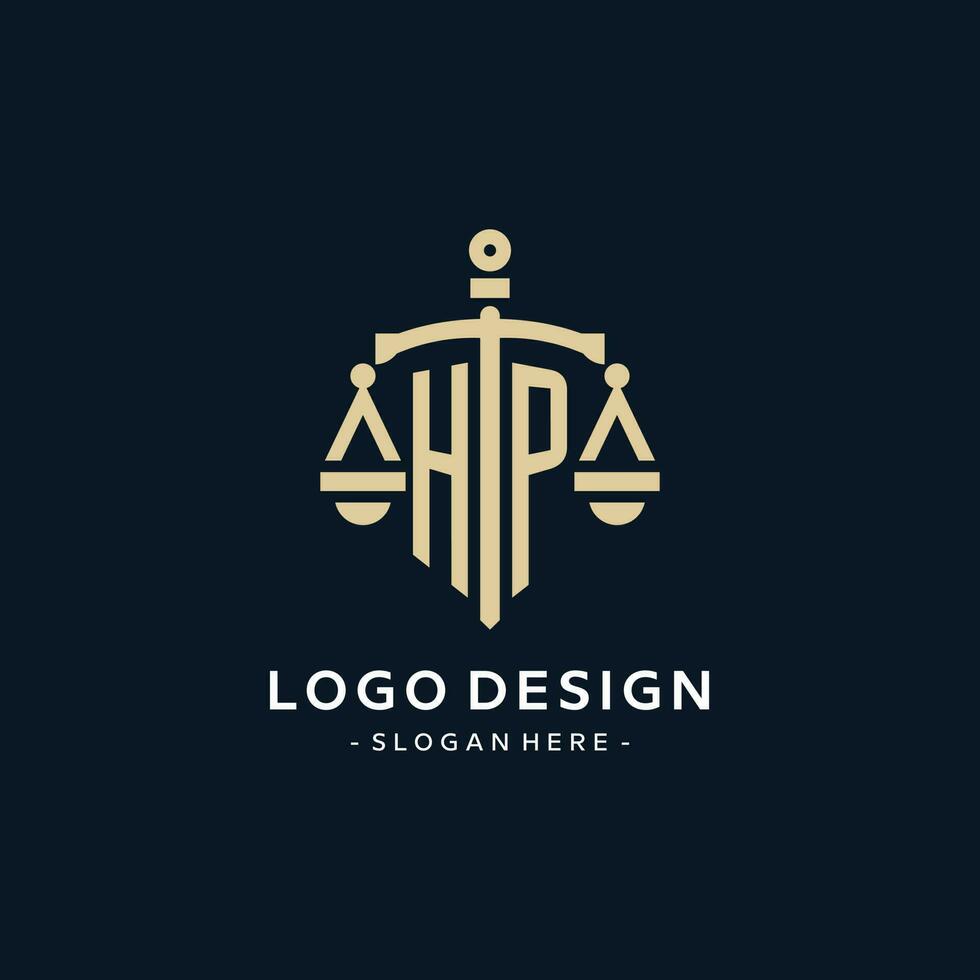 HP initial logo with scale of justice and shield icon vector