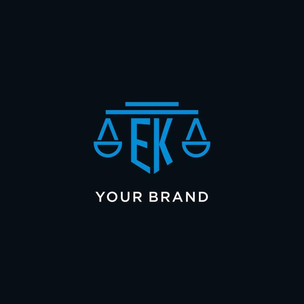 EK monogram initial logo with scales of justice icon design inspiration vector