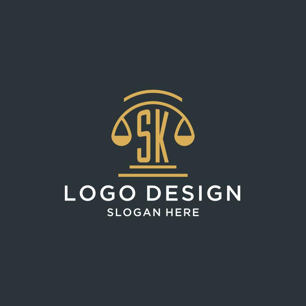 SK initial with scale of justice logo design template, luxury law and attorney logo design ideas vector