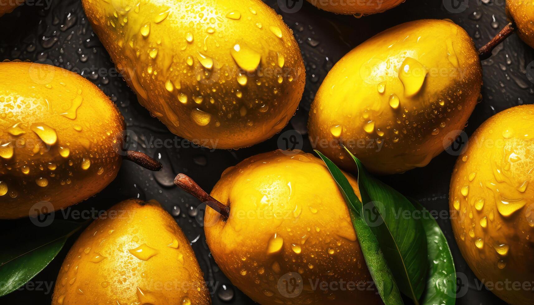 Close up of clean ripe Mangoes with water drop in dark black background. Fresh fruit and Vegetable concept. Nutrition and vitamin theme. photo