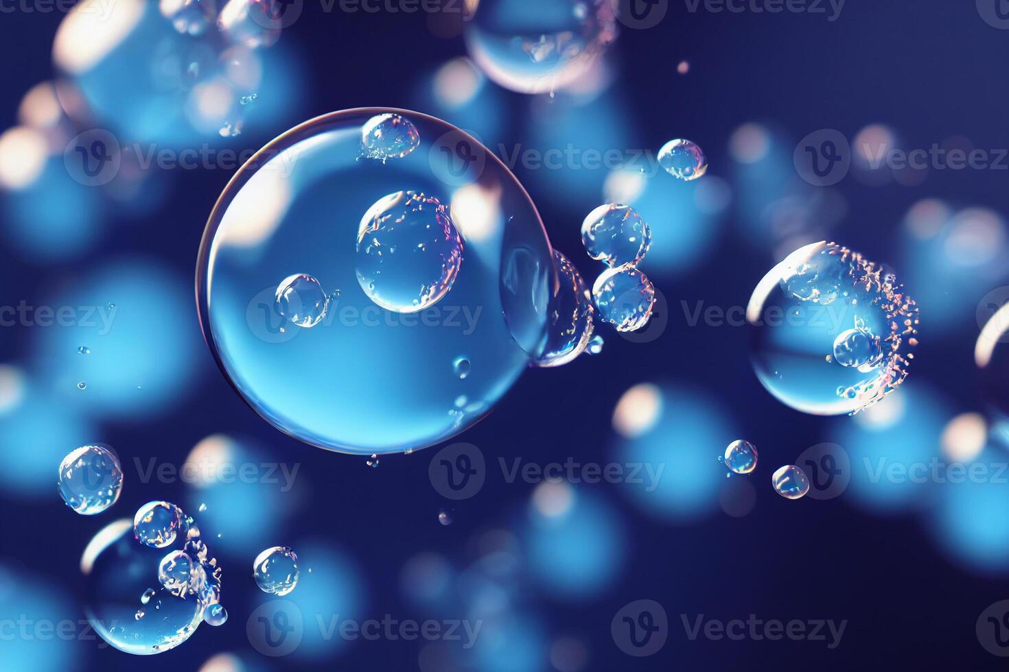 Blue glossy water bubble in underwater background. Nature and abstract concept. photo