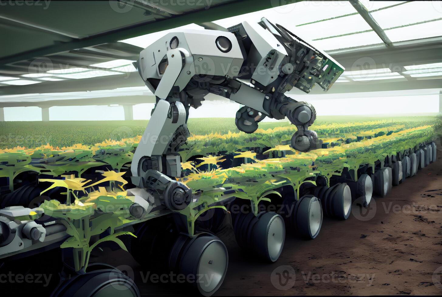 Robot farming harvesting agricultural products in greenhouse. Innovative futuristics technology and 5G smart farming concept. photo