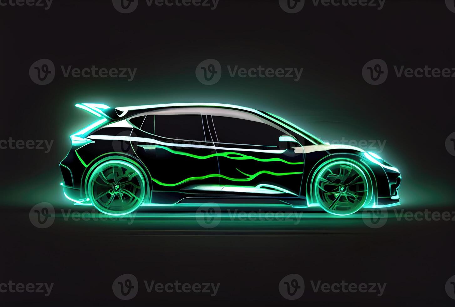 Modern car with green light trail as speed and energy power on black dark background. Transportation and innovation concept. photo