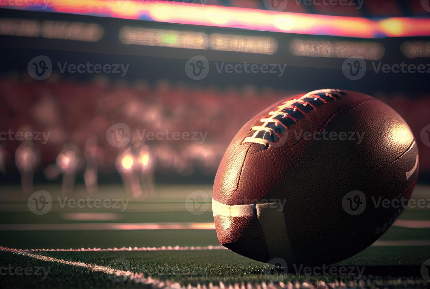 americano fútbol americano pelota en el jugando campo con estadio antecedentes. deporte y atleta concepto. generativo ai foto