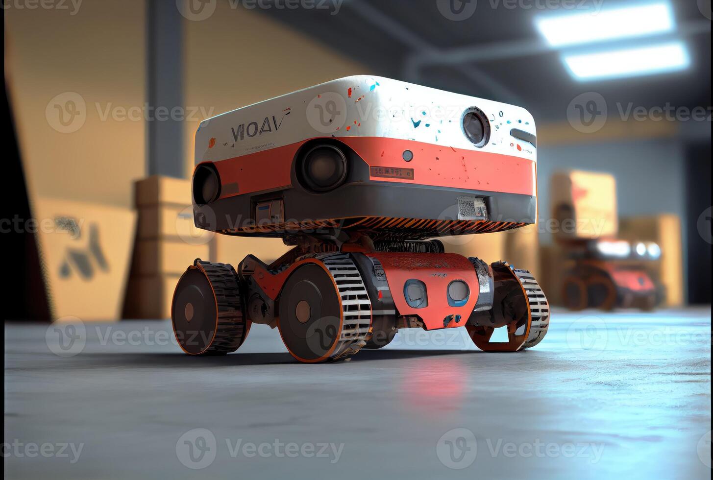 Robot AGV transporting cardboard box in warehouse background. Technology innovation and delivery concept. photo