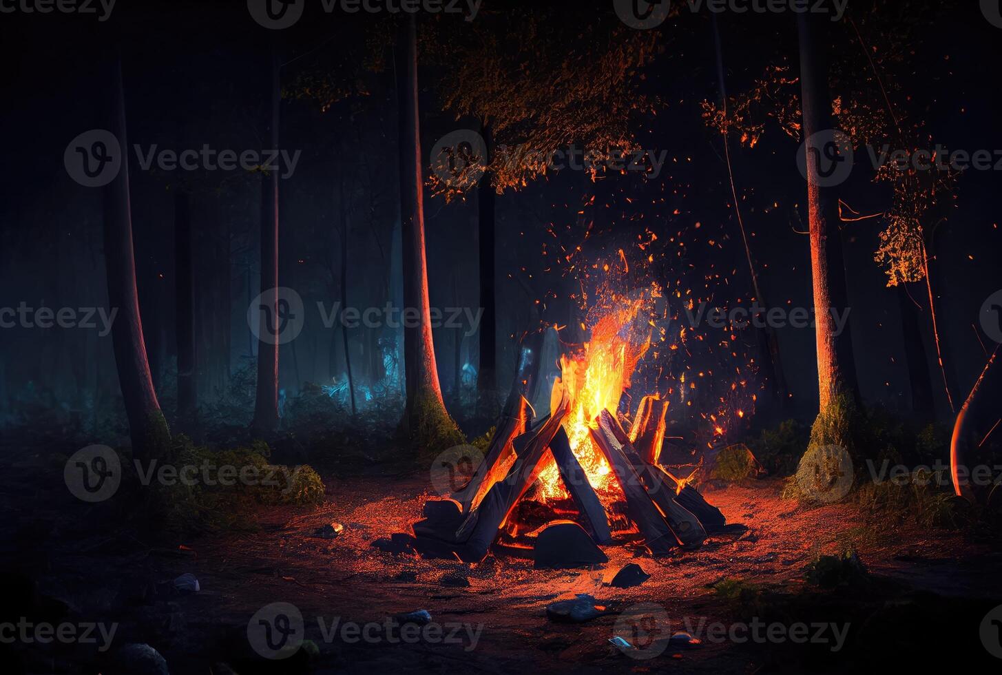 Campfire in the dark forest. Camping and Leisure hobbies activities concept. photo