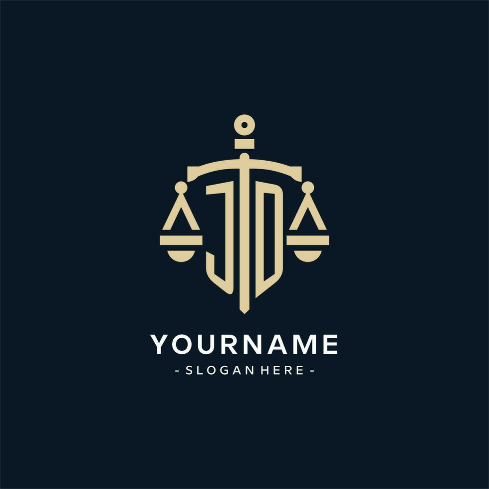 JD initial logo with scale of justice and shield icon vector