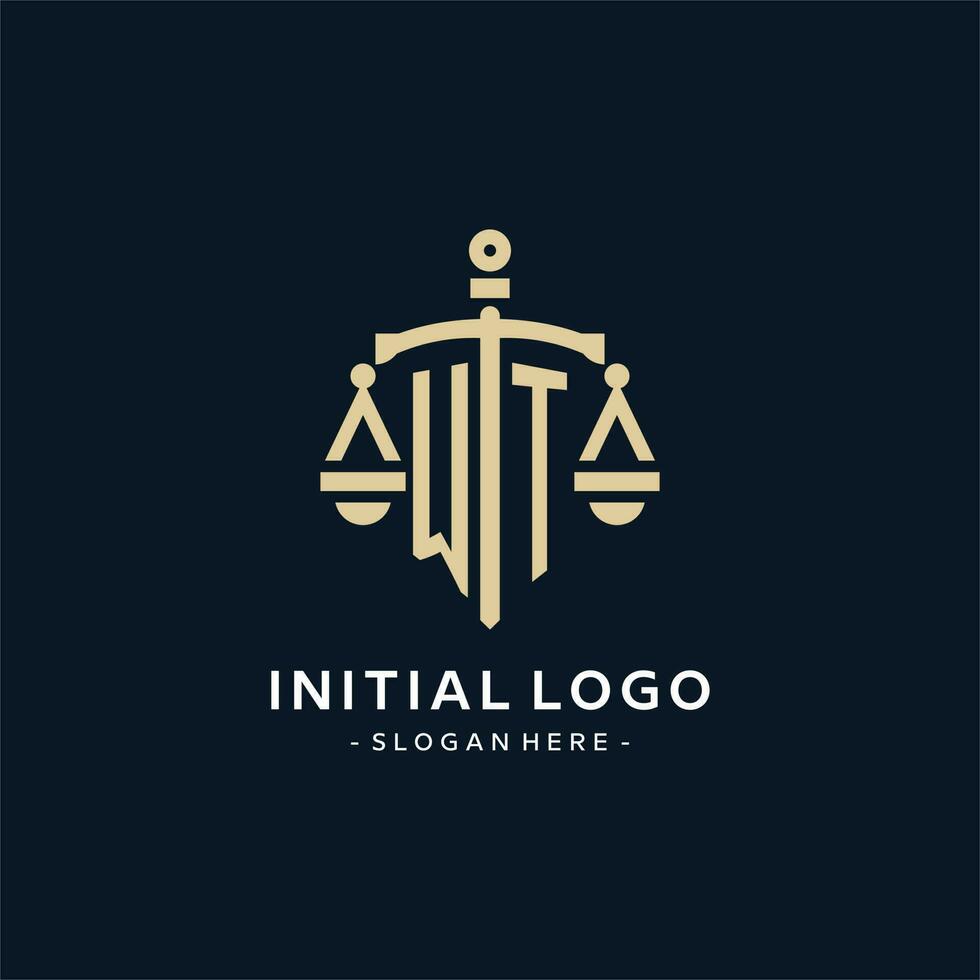 WT initial logo with scale of justice and shield icon vector